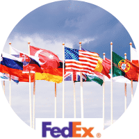 International flags and the FedEx logo